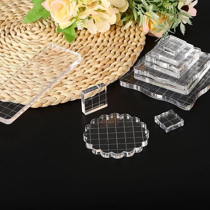 PATIKIL 3" x 3" Acrylic Stamp Block, Clear Stamping Block with Grid Lines Decorative Mounting Blocks Square for Scrapbooking DIY Crafts Card Making
