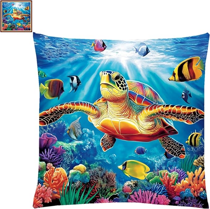 Fanxvivy Stamped Cross Stitch Kits for Adults Beginners Pillow Needlepoint Kit with Embroidery Pattern Needlework Kit Prestamped Stitches Kit 11CT Cross Stitching-Turtle Underwater World 18x18 inch