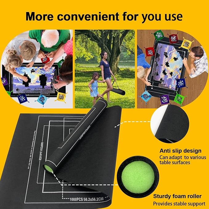Napzy Puzzle Mat, Jigsaw Matt Rollup 8PCS Sorting Trays Up to 1500pcs Puzzles Matt Rollup 45.6 x 26.3 in Jigsaw Keeper and Saver Jigsawes Pad Has Storage Bag for Puzzle Lovers, Felt Matted Black