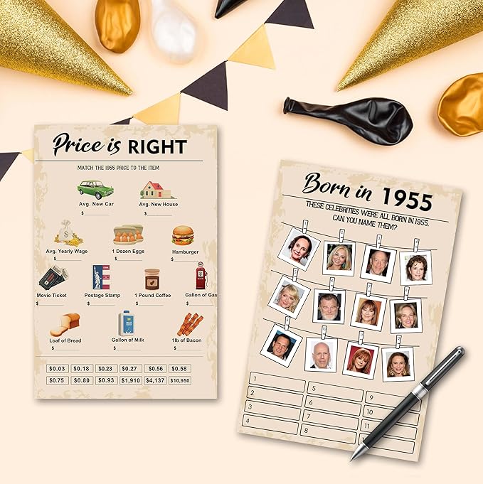 70th Birthday Party Games, Set of 2 Activities for 15 Guests, Born in 1955 Games Bundle, Birthday Party Supplies for Adults, Pack of 30 Cards