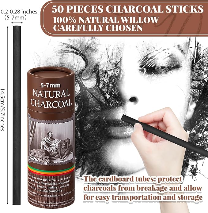 Gueevin 50 Pcs Willow Charcoal Sticks, Willow Charcoal, Artists, Beginners, Students, Perfect for Sketching, Drawing, Shading, and Fine Art Christmas Gifts for Art (5-7mm)