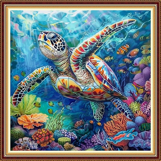 Hopeart Stamped Cross Stitch Kits for Beginner Embroidery Kits for Beginners Adults DIY 11CT Cross Stitch Patterns Needlepoint Kits Crossstitching Kits-Colorful Sea Turtle 18x18 inch