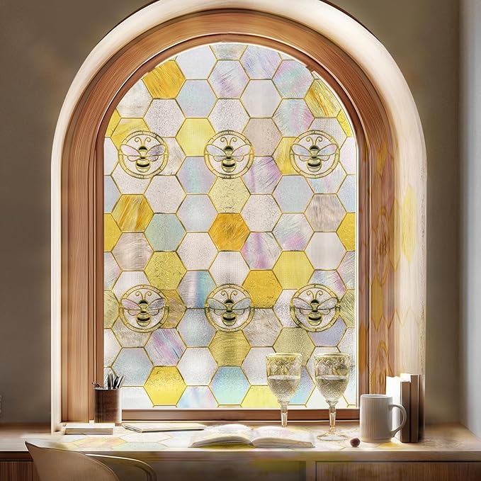 3D Stained Glass Window Privacy Film, Heat Control UV Blocking Static Cling Decorative Window Film for Bathroom,Front Door,Home Non Adhesive,23.6 x 35.4 inches Honey