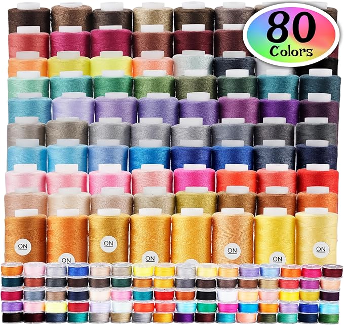 ilauke 80 Colors Sewing Thread, 164 Pcs Sewing Bobbins, 300 Yards Spools of Polyester Thread for Sewings Machine, Prewound Bobbins for Brother Singer Janome Machine with Supplies