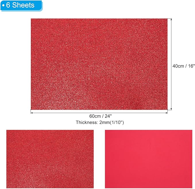 PATIKIL 2mm(1/10") Thick Non Adhesive Glitter Foam Sheet 16x24inch(40x60cm) Dark Red, EVA Shiny Foam Board for Craft, 6 Pcs