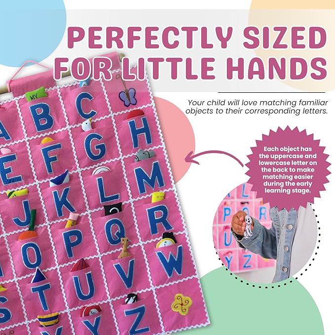 Pockets of Learning Pink ABC Felt Wall Hanging Chart - Early Education Alphabet Fabric Wall Décor for Children's Room | Engaging Educational Learning Art for Kids with Fabric Objects in Pocket
