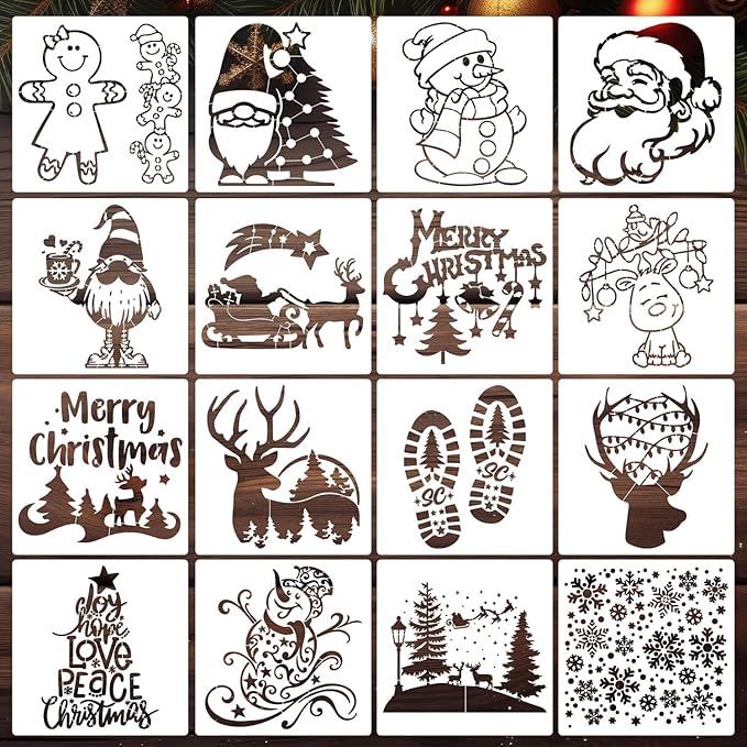 Christmas Stencils for Crafts Reusable 8” Large Christmas Stencil Santa Snowman Gnome Holiday Drawing Templates for Painting on Wood Doormat Fabrics Window Decor