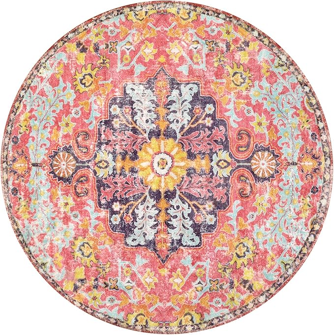 Lahome Bohemian Floral Medallion Round Rug - 3Ft Small Hot Pink Round Area Rug for Girls Bedroom Nursery Mat, Boho Washable Soft Indoor Throw Entryway Carpet for Living Room Office Coffee Table