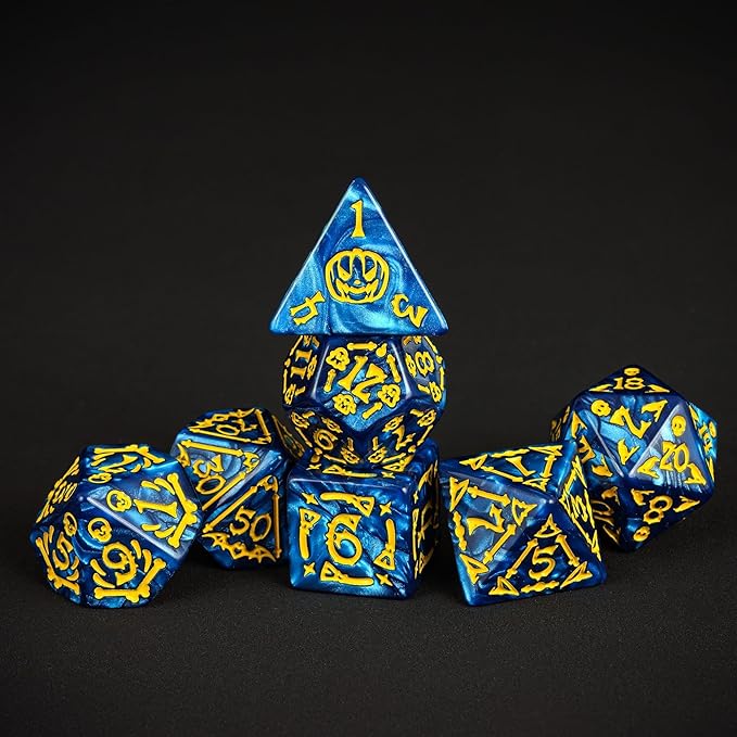7-Die DND Dice Set Halloween Pattern Polyhedral Dice Set with Leather Bag, Skull Dice D&D Dice Set for RPG Table Games (Halloween Pattern-Blue)
