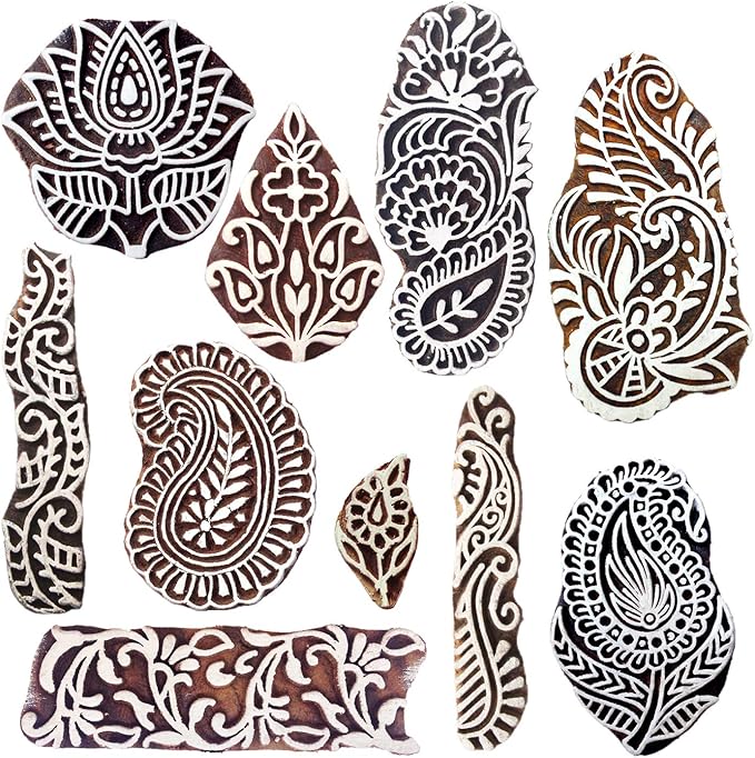 Royal Kraft Wooden Stamps for Block Printing on Saree Border, Textile, Clay, Pottery, Tattoo (Set of 10) MXtag0004