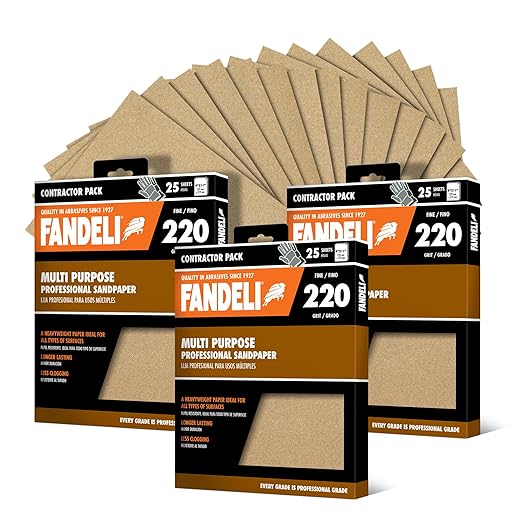 Fandeli | Multi-Purpose Sandpaper | 220 Grit Aluminum Oxide | 75 Sheets of 9'' x 11'' | Ideal for Metal and Wood | Compatible with Orbital Sanders, Brown