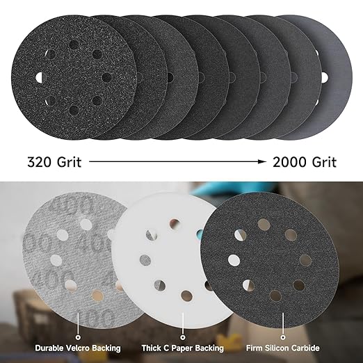 80PCS 5 inch Wet Dry Sanding Discs, Silicon Carbide Orbital Sander Hook and Loop Sandpaper 320 400 600 800 1000 1200 1500 2000 Grit, Best for Metal, Automotive Sanding