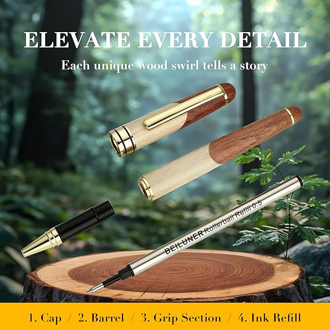 BEILUNER Luxury Wood Ballpoint Pen Writing Set,Maple-Elegant Fancy Nice Gift Pen Set for Signature Calligraphy Office Fancy Nice Supplies - Christmas Gift Boxed with Extra Refills (Black)