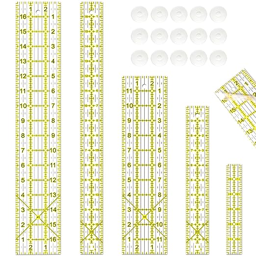 Quilting Rulers, Sewing Ruler, Acrylic Ruler for Sewing and Quilting,Cutting Ruler with Non-Slip Rings (3"x17",1.5"x17",3"x12",1.5"x10",1"x6") (Yellow)
