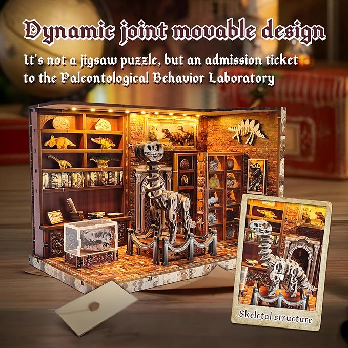 3D Wooden Puzzles for Adults, DIY Miniature Dollhouse, Book Nook Kit, Built-in LED Model Kit Hobby Gifts for Adults Teens Home Decor, Ideal Gift for Teenager and Men (Dinosaur Museum)