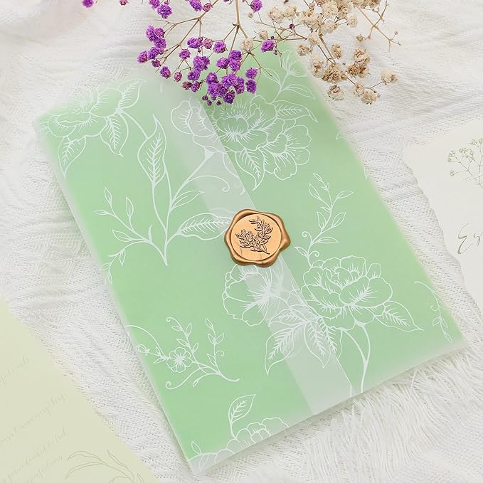 SWANGSA 50 Sets Wedding Invitations Wraps, Vellum Jackets for 5x7 Invitations & Self Adhesive Antique Gold Eucalyptus Wax Seal Stickers for Wedding Bridal Baby Shower Birthday Envelopes (White Rose)