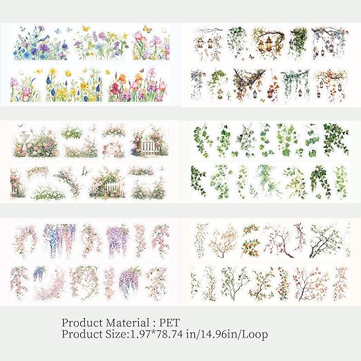 6 Rolls PET Tape Stickers,Plant Washi Tape for Scrapbooking, Pre-Cut Flower Tapes Stickers for Junk Journal,Journaling,Photo Album DIY Craft(Wild Flower)