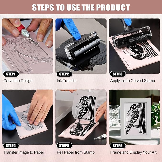 Linocut Kit for Printmaking with 5PCS 4"x6" Soft Rubber Linoleum Blocks, Brayer & Carving Tools – Block Printing & Stamp Making Supplies for Beginners & Artists