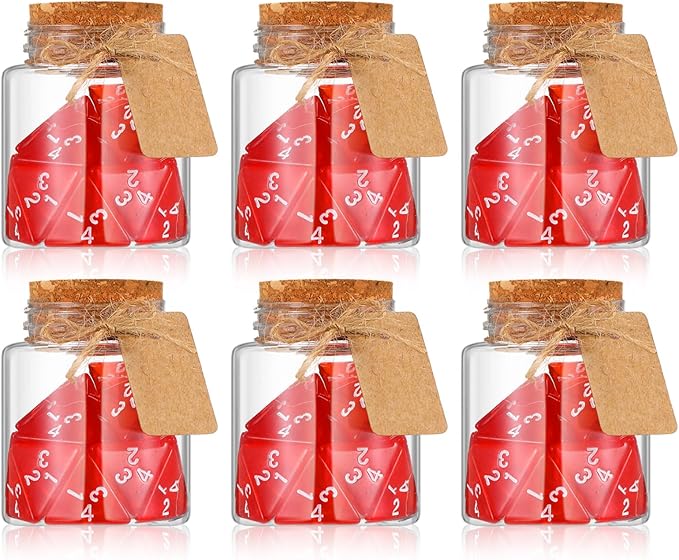 Wettarn 120 Pcs Transparent Red D4 Dice6 Pcs Pot Bottles Plastic Favor Jars with Cork Lids Healing Potion Bottles Polyhedral Dice Set for Party Favors Table Games(Round Style)