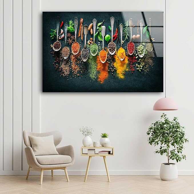 My Photostation.com 20Wx14H'' Spoon Spices Glass Wall ArtTempered Glass Printing Wall Decor Large Wall Art Wall Hangings