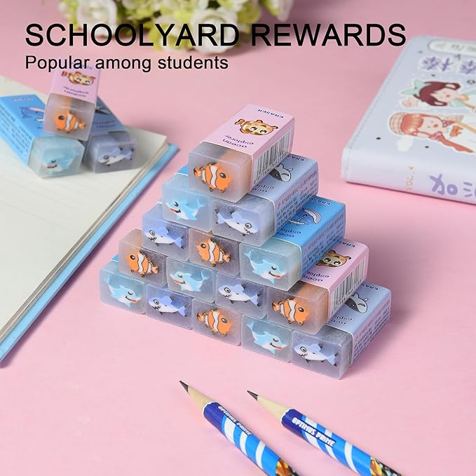 HILAZA 18Pcs Cute Sea Animal Erasers for Kids Bulk, Kawaii Fun Pencil Jelly Erasers for School Classroom Supplies Prize Gifts Party Favors
