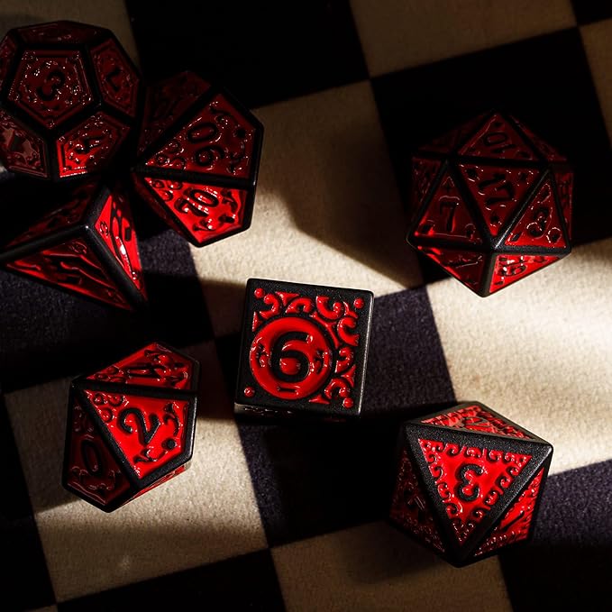 7-Die DND Dice Set New Pattern Polyhedral Dice Set with Leather Bag D&D Die for RPG Table Games(Black Red)