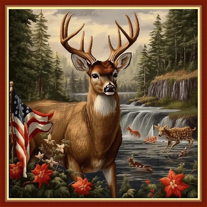 Foxhool Beginners Cross Stitch Kits Stamped Full Range of Embroidery Kits for Adults DIY Cross Stitches kit Embroidery Patterns for Needlepoint kit-Deer National Flag 17.7x17.7 inch