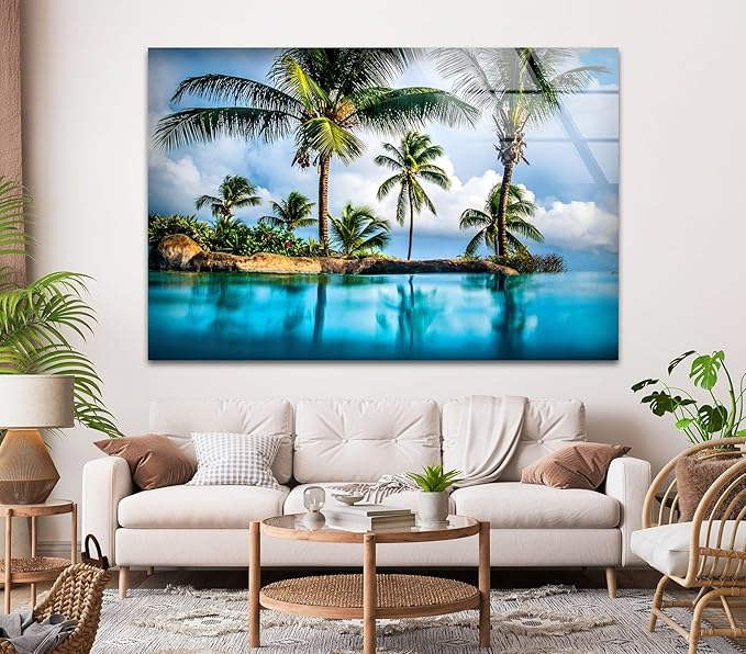 My Photostation.com Round 31,5'' Island & Blue Sea Glass Wall ArtTempered Glass Printing Wall Decor Large Wall Art Wall Hangings