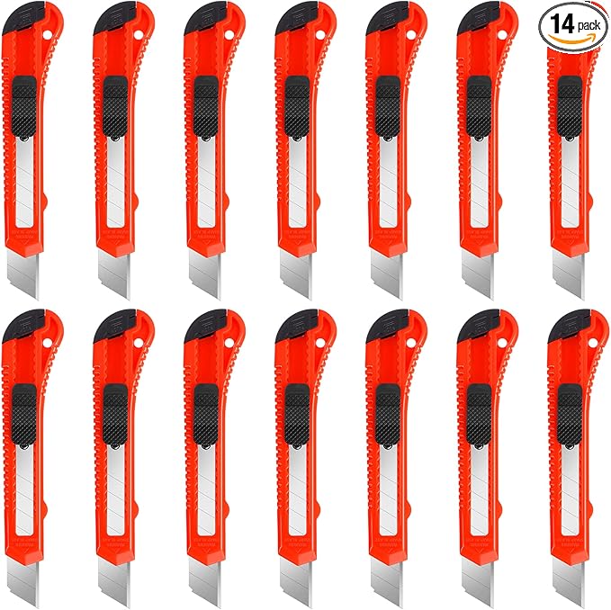DIYSELF 14 Pack Box Cutter Retractable, Box Cutter Knife with 18mm Wide Utility Blades, Sharp Utility Knife Retractable, Box Cutters for Office, Home, Arts Crafts, Hobby, Cardboard, Paper