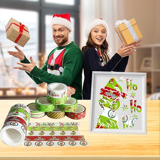 Christmas Washi Tape Set - 12 Rolls with Funny Cartoon Character Design in Green and Red for Festive Crafting and Gift Wrapping - 196.85ft Total Length
