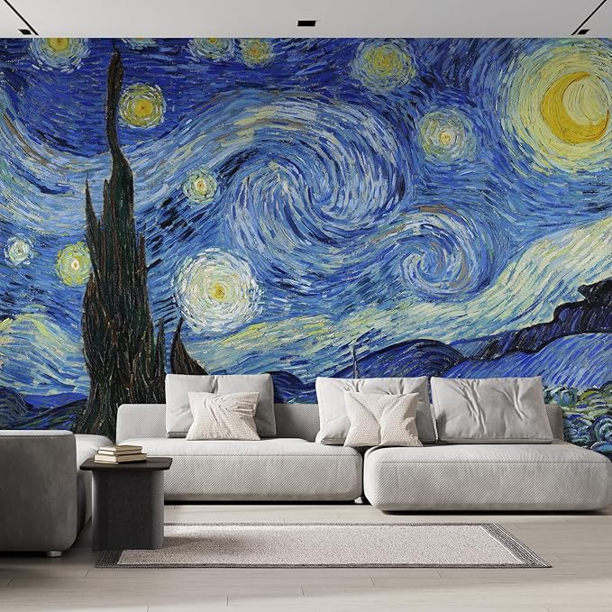 wall26 Wall Sticker/Wall Mural Starry Night by Vincent Van Gogh Dutch Impressionism, Not Peel and Stick, Non-Woven Wallpaper Decorative for Bedroom, Living Room,Office - 132x144 inches