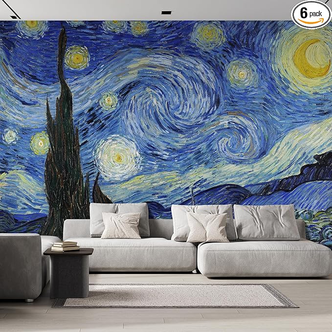 wall26 Starry Night by Vincent Van Gogh Dutch Impressionism 20th Century Artist Peel and Stick Large Wall Mural, Removable Wallpaper, Home Decor - 132x144 inches