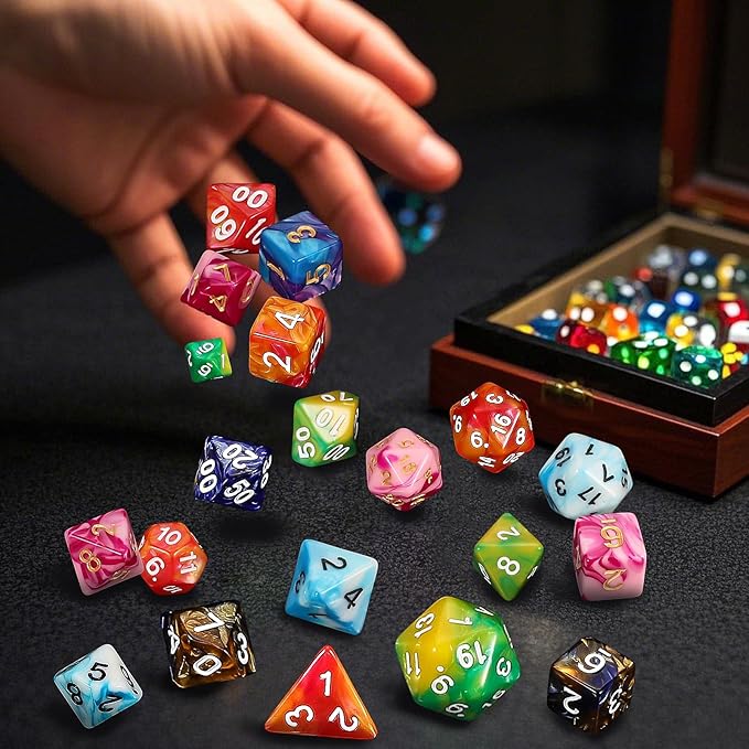 QMay DND Dice - 42pcs Polyhedral Dice, 6 Set Complete Double-Colors D&D Dice Sets with 6 Blue Drawstring Bags for Dungeons and Dragons RPG MTG Table Games