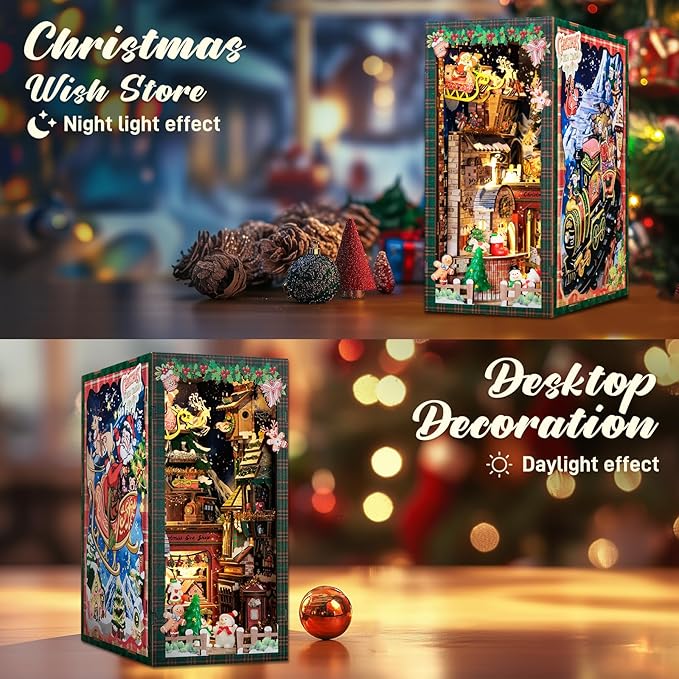 CUTEBEE Christmas Book Nook Kit - DIY Miniature House Dollhouse Kit for Adults, Teens, Booknook Tiny House Bookshelf Decor 3D Wooden Puzzle, Gifts for Family, Friends （Christmas Wish Store）