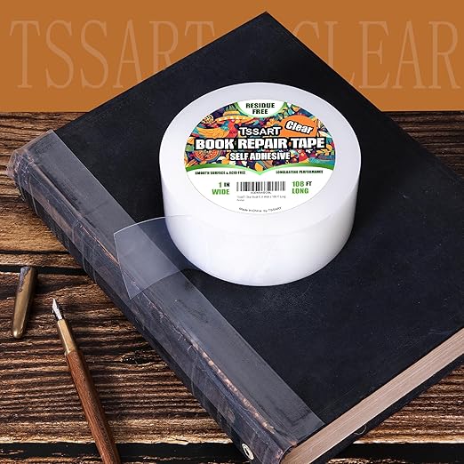 Clear Book Repair Tape - Self Adhesive Stretchable Book Tape, Essential Clear Repair Tape for Reinforcing Protecting, and Covering Mending Books Old Books - 1 Inch Wide x 108 FT Long