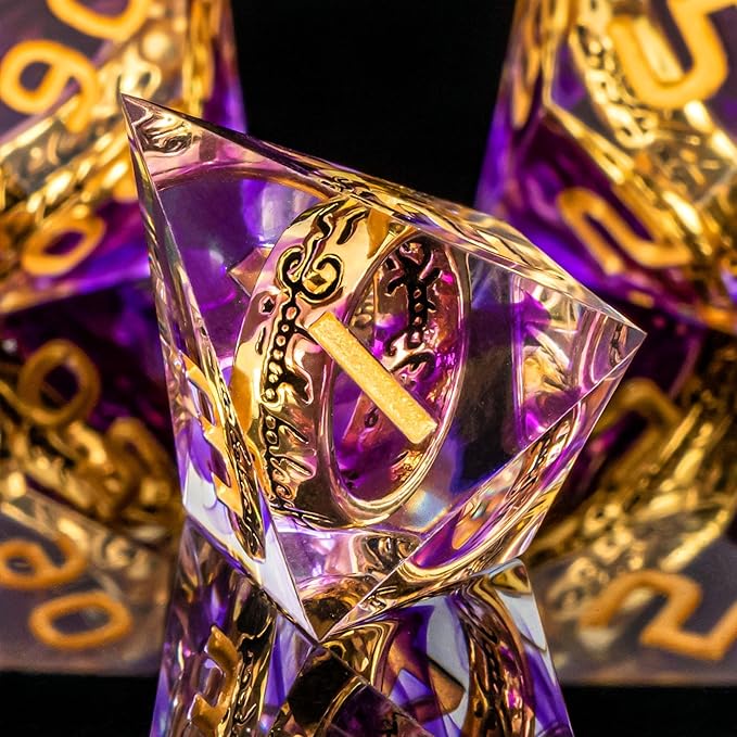 OUKELANWO Magic Lord Rings DND Dice Set with Box, 7Pcs Resin LOTR D&D Dice Set for Role Playing Game, Purple Gold Dungeons Dragons D and D Sharp Edge Dice D20 D12 D10 D8 D6 D4