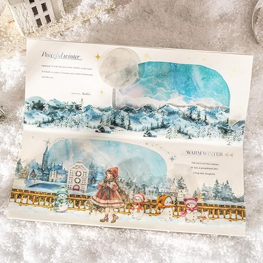 6 Rolls Winter PET Tape Set, Landscape Stickers for Journaling, Scrapbooking, and DIY Crafts, with Decorative Clip