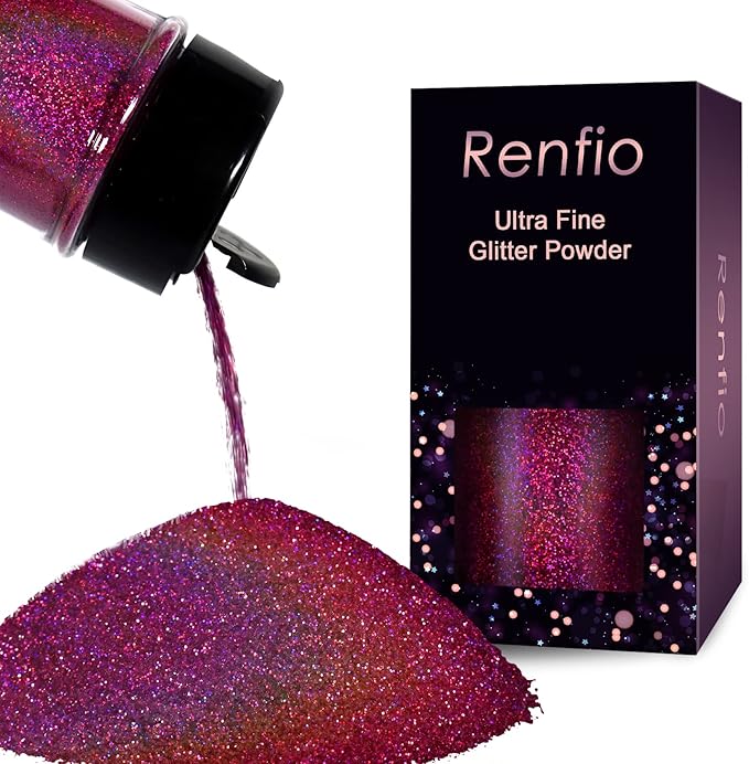 Renfio Holographic Ultra Fine Glitter Powder Metallic Resin Glitter 2.11 Oz (60g) PET Flakes Crafts Sequins 1/128" 0.008" 0.2mm Epoxy Chips Flakes for Tumblers Slime - Laser Deep Pinkish