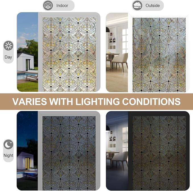 3D Stained Glass Window Film, Decorative Window Privacy Film for Bathroom,Front Door,Home, Sun Blocking Heat Control,Static Cling, Golden Ironwork 35.4inch x 78.7inch