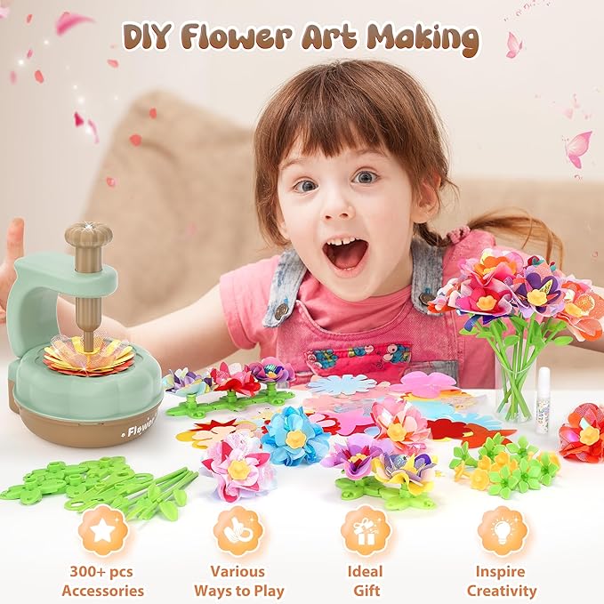 GirlsHome 300+PCS Fabric Flower Bouquets Toys, DIY Flower Crafts Kits for Kids, Arts and Crafts for Kids Ages 6-8 Girls, Build Flower Bouquet, STEM Educational Toy Preschool Gifts (Green Brown)