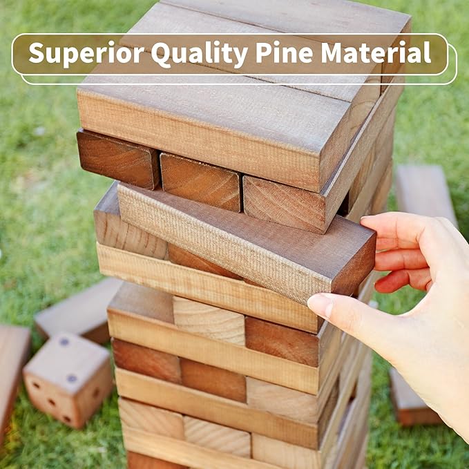 ApudArmis 54 PCS Tumble Timber Set Up to 3.2FT, Pine Wooden Tumble Tower Game with Dice and Scoreboard Set - Classic Block Stacking Board Game for Adults Teenagers (Brown)