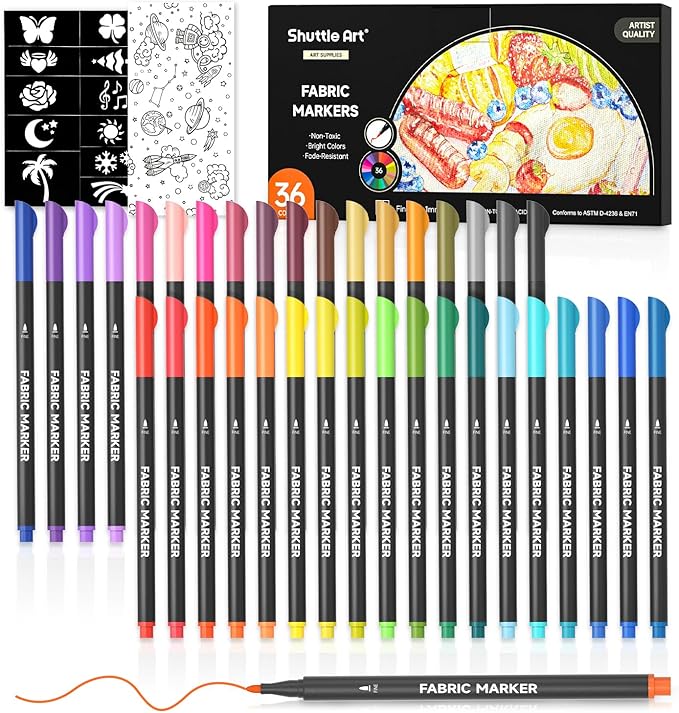 Shuttle Art 36 Colors Fabric Markers, Permanent Shirt Markers for Clothes Sneakers Jeans with 11 Stencils 1 Fabric Sheet, Fabric Pens for Kids Adult Painting Writing