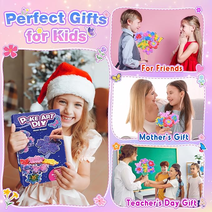 Arts and Crafts for Girls Ages 4-12, Poke Art Flower Bouquet with 8 Flowers & 2 Butterflies DIY Creative Activity Mess-Free Fun for Kid Party Favors Birthday Christmas Gifts for 4-12 Year Old Girls