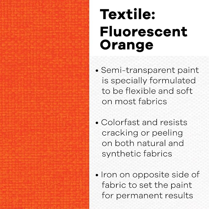 Jacquard Textile Color Fluorescent Orange - Permanent Fabric Paint for Clothes, Furniture Upholstery, Shoes or Tote Bags – Indoor & Outdoor Fabric Paint – 8 Oz Jar, Upholstery Fabric Paint