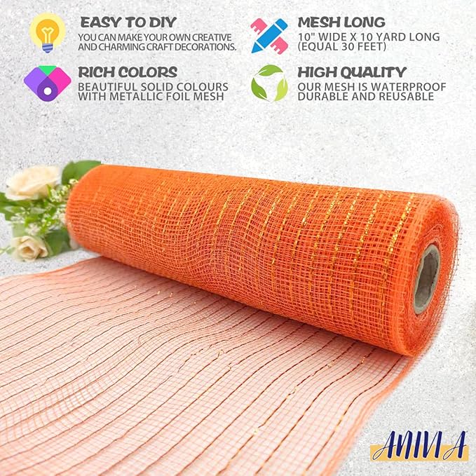 Anivia Deco Mesh Ribbon, 10inch x 30 Feet Each Roll Metallic Foil Mesh Ribbon for Wreaths Swags, Holloween, and Christmas Tree Decoration (Orange/Orange Foil)