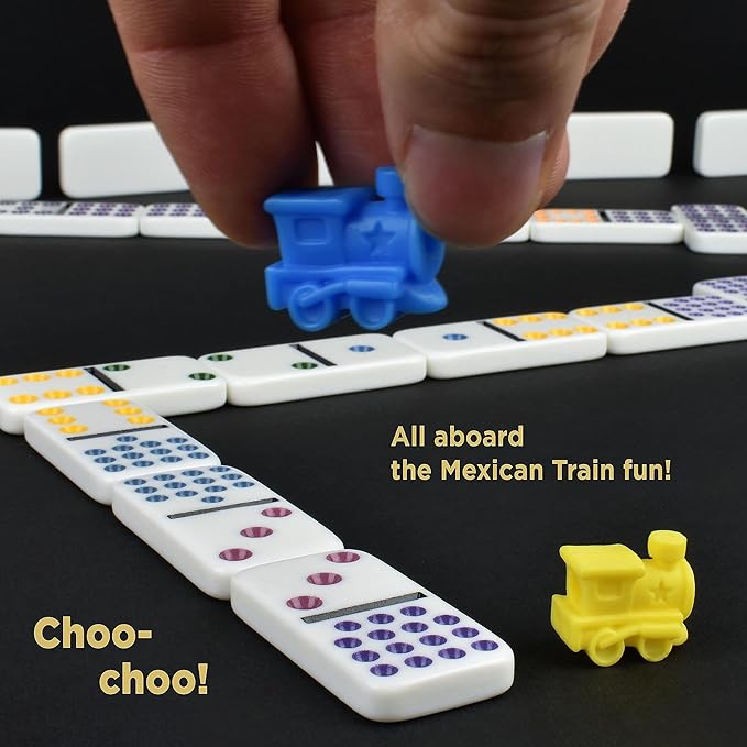 Queensell Mexican Train Dominoes - 136 Colored Dot Double 15s, 9 Trains, Wooden Hub, Aluminum Case