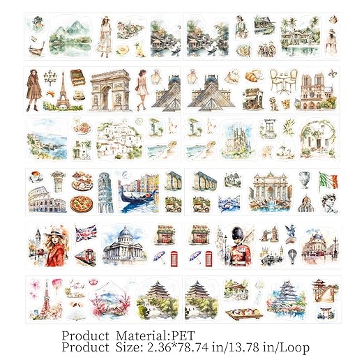 6 Rolls PET Tape Stickers for Scrapbook Supplies,Self-Adhesive Travel Theme Washi Tape for Junk Journal Supplies,Journaling,Scrapbooking,DIY Craft,Notebook(Travelling)