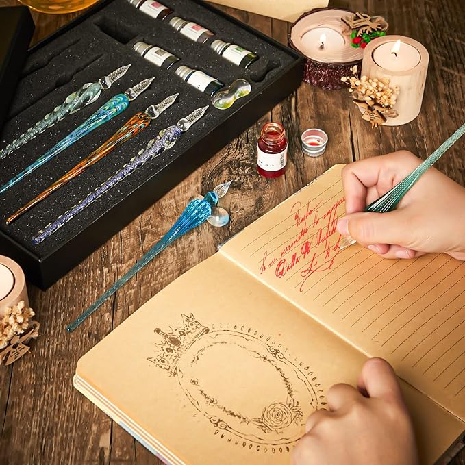 Zonon Glass Dipped Pen Ink Set 14 Pcs Include 6 Pcs Glass Dip Pen, 6 Colorful India Ink and 2 Holder Crystal Signature Calligraphy for Art, Writing, Signatures, Gift(Green Color System)
