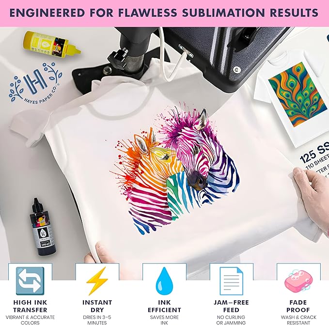 Hayes 110 Sheets Sublimation Paper 8.5x11 Inch Letter Size | 120gsm Heat Transfer Paper for Inkjet Printers | Use on Mugs, T-Shirts, Light Fabrics | Compatible With Sublimation Printers