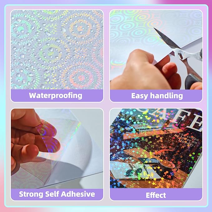 36 Sheets Holographic Sticker Paper, Clear Vinyl Laminate Film for Stickers Self-Adhesive, Transparent Overlay Lamination Sticker Paper Waterproof, 6 Patterns-8.5x11 Inch